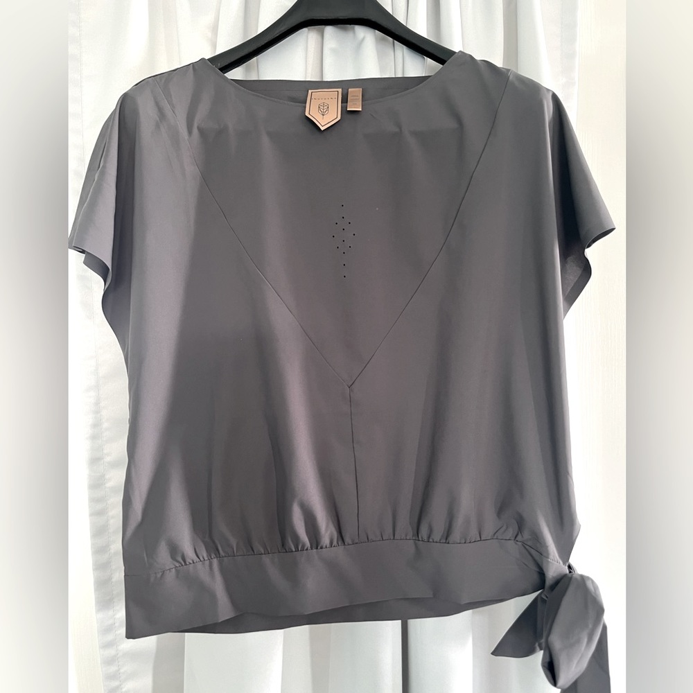 Ladies side tie crop blouse , charcoal grey laser cut design front